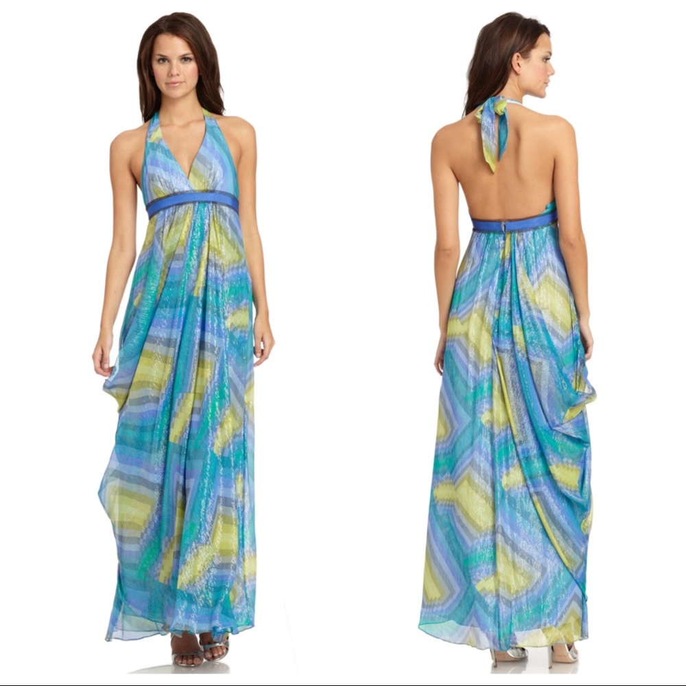 Silk NWOT BCBGMaxAzria Blue and Green halter Maxi Dress